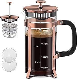 Coffee Maker 304 Stainless Steel French Press with 4 Filter, Heat Resistant Durable, Easy to Clean, Borosilicate Glass Coffee Press, 100% BPA Free Teapot, 21 ounce, copper