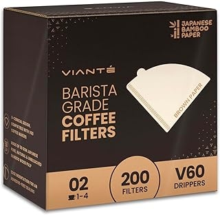 Vianté V60 Cone Coffee Paper Filters compatible with Hario & Chemex. 200 Ct Brown Unbleached. Size 02. Natural Bamboo Fibers. For Pour Over Drippers. 2-4 cups