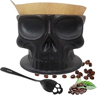 Skull Pour Over Coffee Maker,V60 Ceramic Coffee Dripper,2 Cups,Goth Decor,Gifts for Skull Lovers & for Women,Microwave & Dishwasher Safe (Black)