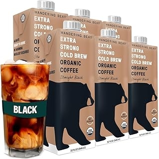 Wandering Bear Straight Black Organic Cold Brew Coffee, 32 fl oz, 6 pack - Extra Strong, Smooth, Organic, Unsweetened, Shelf-Stable, and Ready to Drink Iced Coffee, Cold Brewed Coffee, Cold Coffee