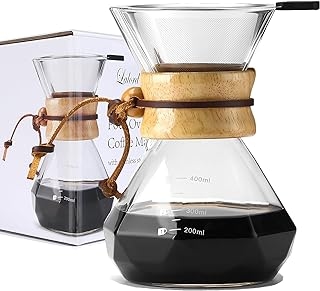 Pour Over Coffee Maker with Stainless Steel Filter, Borosilicate Glass Coffee Carafe, Modern Wooden Collar, Coffee Maker Carafe, Hold 2 Cups, 400 ml/13.5 oz, Clear