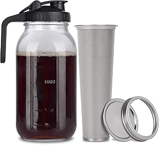 Cold Brew Mason Jar iced Coffee Maker, Durable Glass, - 64 oz (2 Quart / 1.9 Liter), With Handle& Stainless Steel Filter for Iced Brew Coffee, Lemonade, Ice Tea, Homemade Fruit Drinks Container