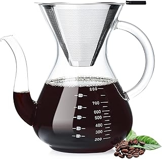 Pour Over Coffee Maker,800ml/27oz Paperless Borosilicate Glass Carafe and Reusable Stainless Steel Permanent Filter,Glass Pour Over Coffee Pot,Manual Pour Over Coffee Dripper Brewer (27 oz)