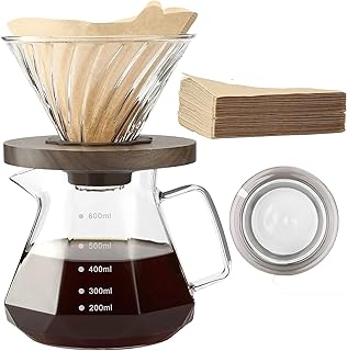 Pour Over Coffee Maker, 20 oz Borosilicate Glass Carafe with 100 pcs V60 Paper Filter, Walnut Handle & Glass Lid, Drip Coffee Maker for Home Café Restaurant Camping, 600 ml, Clear