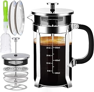 French Press Coffee Maker 304 Stainless Steel Coffee Press,with 4 Filters System, Heat Resistant Thickness Borosilicate French Press Glass, BPA-Free Brewed Tea Pot Coffee Plunger