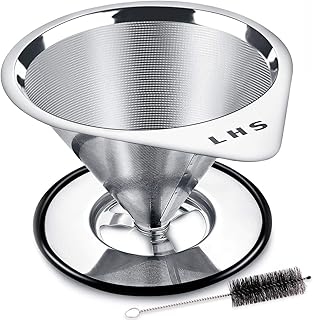 LHS Pour Over Coffee Dripper Stainless Steel Coffee Filter Metal Cone Filter Paperless Reusable Coffee Filter Single Cup Coffee Maker 1-2 Cup With Non-slip Cup Stand and Cleaning Brush