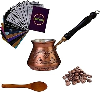 Turkish Greek Arabic Coffee Pot (Include 4 Pieces) with 12 Oz Ft Capacity Turkish Coffee Maker, Turkish Coffee Fortune Telling Cards, Bamboo Spoon and 4x6 g Single Cup Turkish Coffee