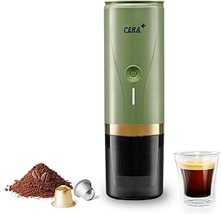 CERA+ Portable Espresso Machine, Self-Heating Electric Coffee Maker, 20 Bar Pressure Compatible with NS Pods & Ground Coffee for Travel, Camping, Office, Home(Green)