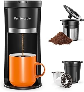 Famiworths Mini Coffee Maker Single Serve, Instant One Cup for K Cup & Ground Coffee, 6 to 12 Oz Brew Sizes, Capsule Coffee Machine with Water Window and Descaling Reminder, Black