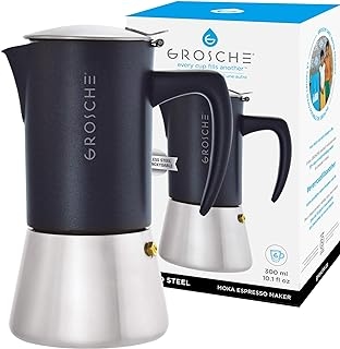 GROSCHE Milano Steel | 6 Espresso Cup | Stovetop Espresso Maker: Stainless Steel Moka Pot for Greca, Induction, Electric & Gas Stoves | Dishwasher Safe Stovetop Espresso Maker Moka Pot