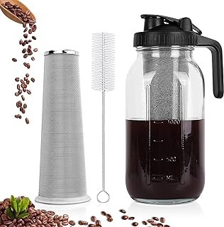 Cold Brew Coffee Maker, 64 oz Wide Mouth Mason Jar Pitcher with Stainless Steel Filter, Pour Spout Handle Lid, Heavy Duty Glass Airtight & Leak-Proof Pitcher for iced coffee & Tea Lemonade