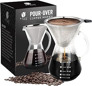 Bean Envy Pour Over Coffee Maker - 5 Cup Borosilicate Glass Carafe - Rust Resistant Stainless Steel Paperless Filter/Dripper - Includes Custom Silicone Sleeve