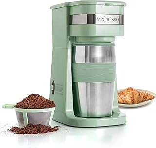 Mixpresso Personal Single-Serve Coffee Maker & 14oz Travel Mug, Drip Coffee Brewer & Tumbler, Auto Shut Off & Reusable Filter, Green Coffee Maker Compatible with Coffee Grounds