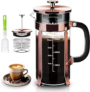 French Press Coffee Maker 304 Stainless Steel Coffee Press,with 4 Filters System, Heat Resistant Thickness Borosilicate French Press Glass, BPA-Free Brewed Tea Pot Coffee Plunger